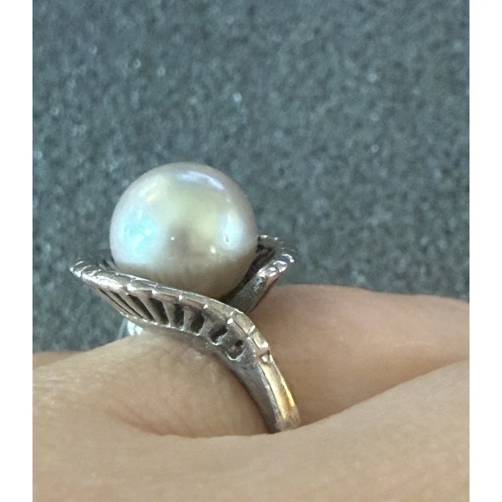 Vintage 925 Sterling Silver Clam Shell Pearl Ring Mid Century Fluted Bypass
